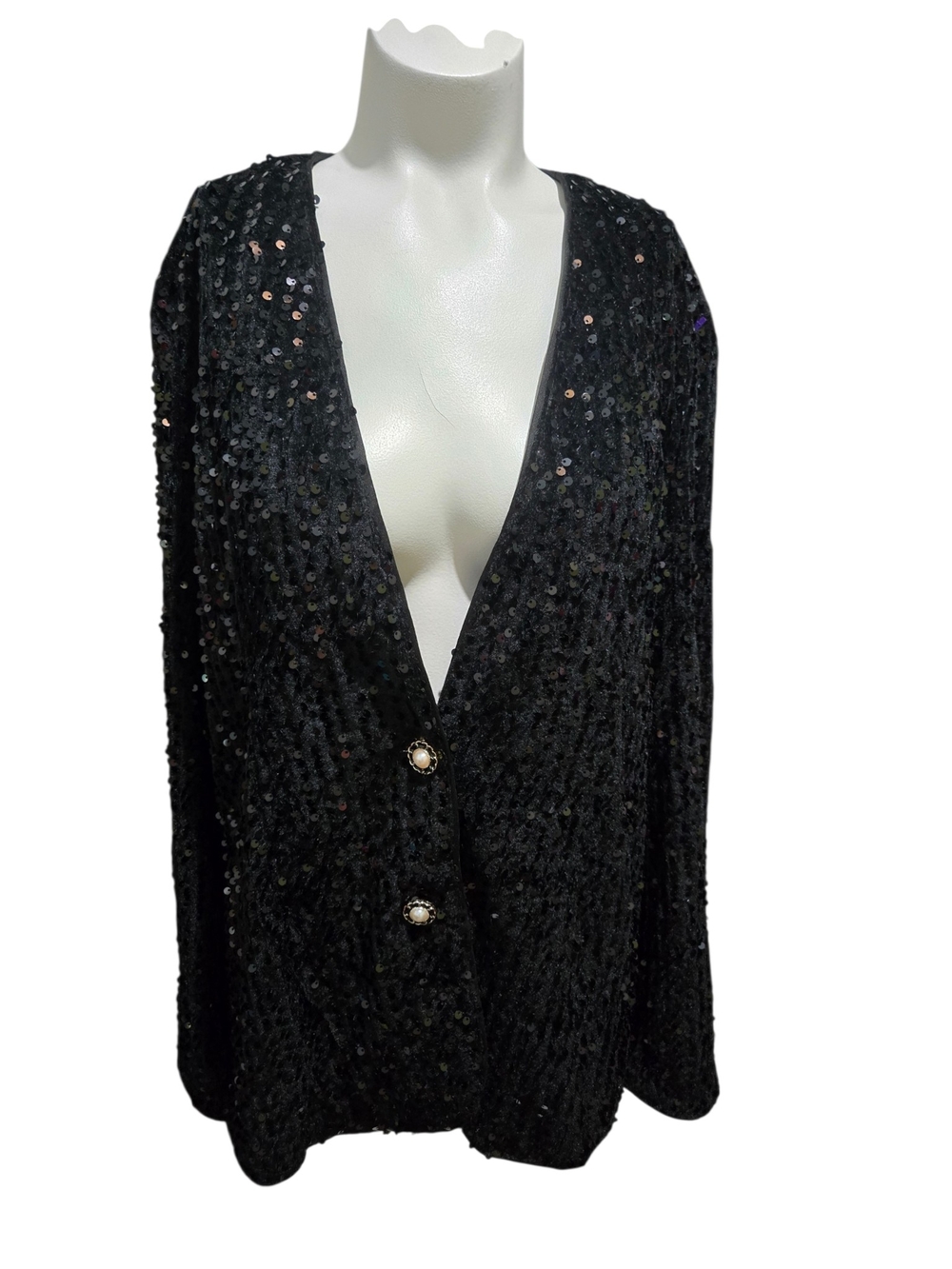 Southern Fried Chics Black Sequin Long Sleeve Cardigan Pearl Button Size Large